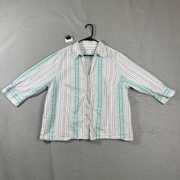 cj banks Tops - CJ Banks Womens Button Up Striped Blouse Top 1X Purple Teal 3/4 Sleeve